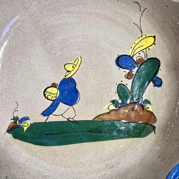 Handmade Mexican Tlaquepaque Ceramic Serving Bowl Painted Bird  Cactus Design - Picture 2 of 12